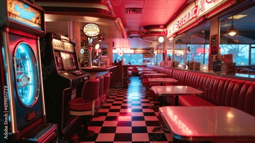 A retro diner with neon signs, vintage booths, and a classic jukebox