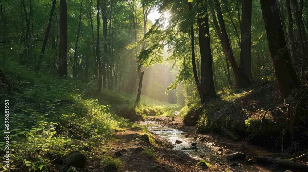 A serene forest trail with a canopy of trees, sunlight filtering through, and a babbling brook