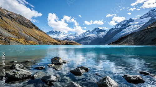 A serene alpine lake surrounded by snow-capped mountains and a clear blue sky