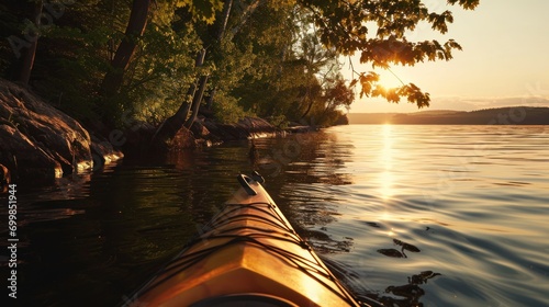 A serene lakeside with a kayak and natural surroundings at sunset. © Bijac