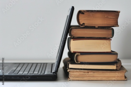 Laptop next to several books, technology, studies and knowledge concept, white background. Generative AI © Deivison