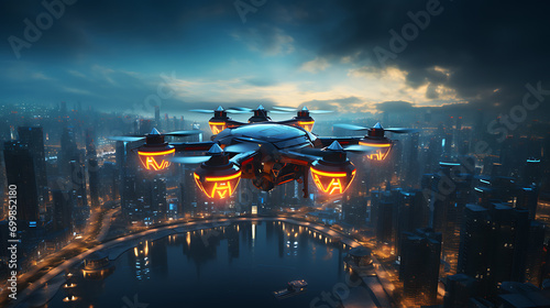 A drone hovering in a futuristic cityscape, 