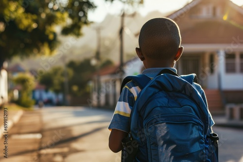 Child with school bag on his back on the way to school, back to school. Generative AI