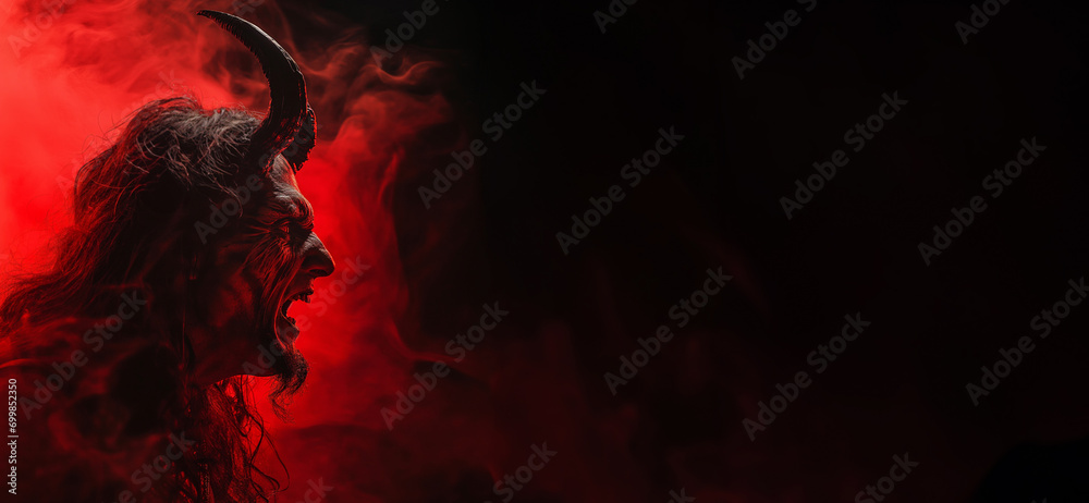 Angry devil profile with copy space for text - black background - yelling, shouting, screaming - god of evil - hell concept art - Leviathan, Astaroth, Mammon, Baal