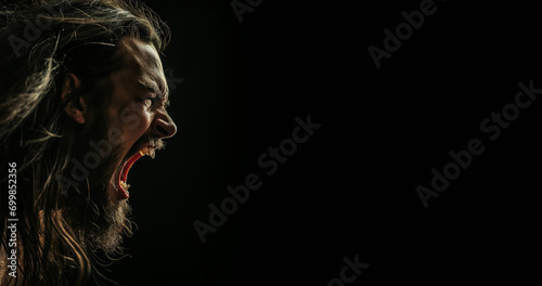 profile view of Jesus Christ yelling - cleansing of the temple concept - wide black background with copy space for text - anger emotion photo