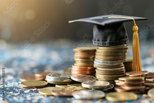 A stack of coins with a graduation cap on top, investment and education concept. Generative AI