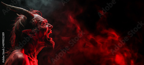 Angry devil profile with copy space for text - black background - yelling, shouting, screaming - god of evil - hell concept art - Lucifer, Satan, Beelzebub, Mephistopheles photo