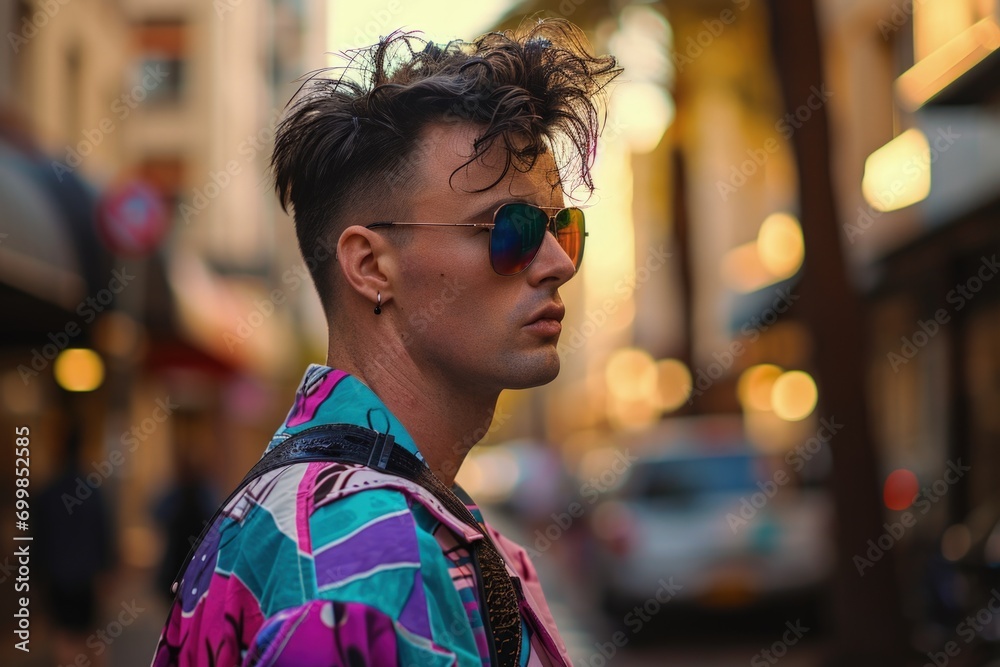 Fototapeta premium Man with clothes and hairstyle in retro 80s and 90s style, nostalgia concept. Generative AI