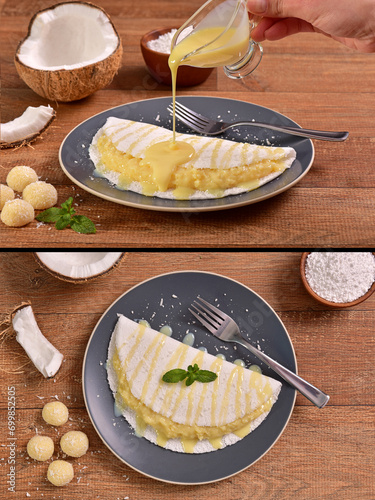 Pic collage of sweet Tapiocas on wooden background. Two for 1.