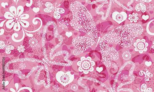 Vector Valentine seamless pattern with hearts and dotty butterflies on rose background