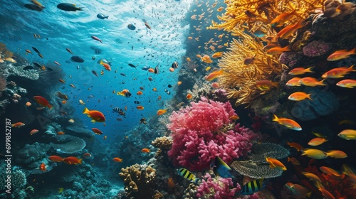 A vibrant coral reef teeming with tropical fish