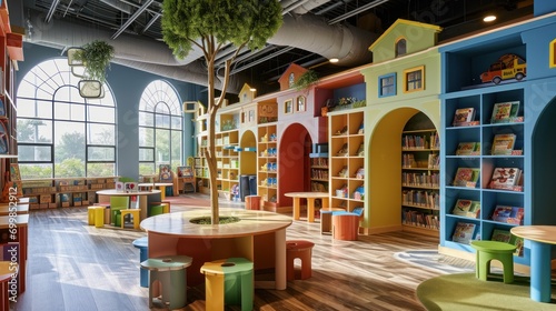 A whimsical children's library with colorful bookshelves, interactive learning stations, and imaginative play areas photo