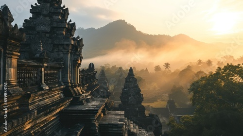 An ancient temple complex at sunrise with misty mountains and traditional architecture