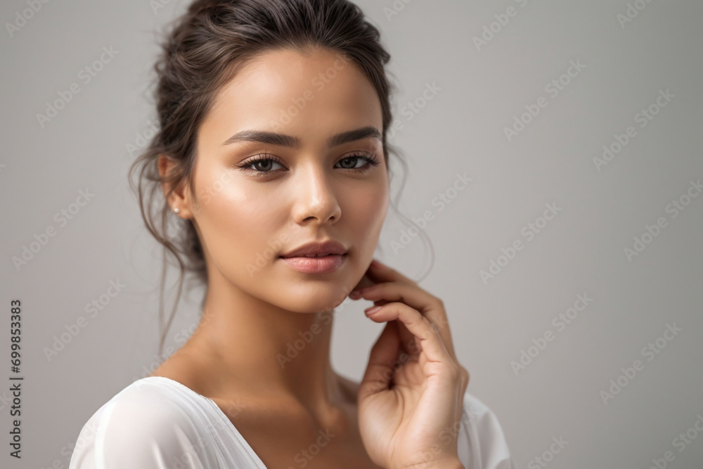 Woman with beauty face touching healthy facial skin portrait, Model with natural makeup touching her skin, isolated on a white background Woman with beauty face touching healthy facial skin portrait, Model with natural makeup touching her skin, isolated on a white background