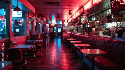 An old-fashioned diner with classic American cuisine, neon signs, and a nostalgic atmosphere