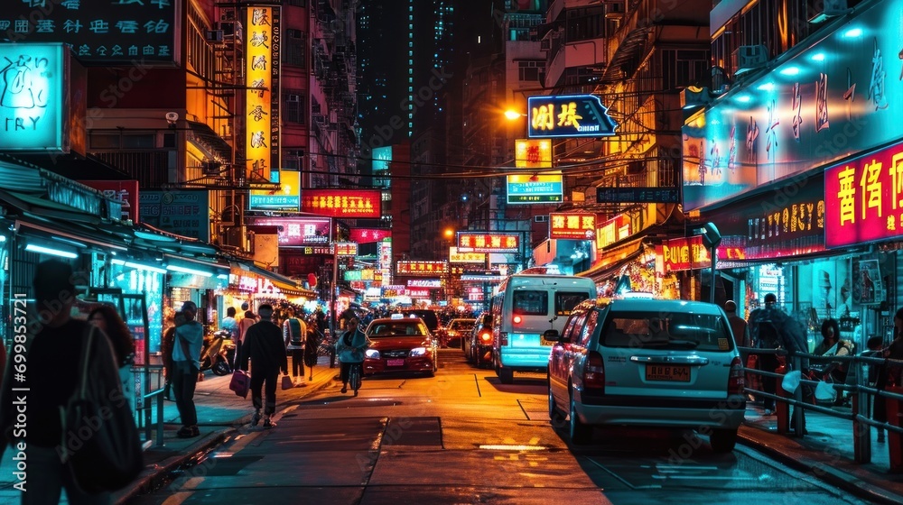 Busy city street at night with neon signs and bustling pedestrians