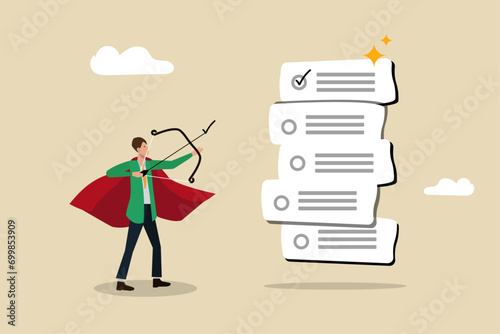 Finishing todo list, work checklist or accomplishment,Targeting to achieve goals, project management, Business man with his crossbow is throwing the completion sign to the schedule