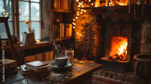 Cozy winter evening, hot chocolate, fireplace, snug home setting.