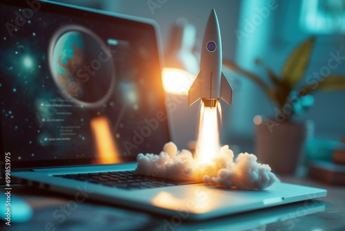 Rocket coming out of laptop screen, startup and technology concept, bokeh background. Generative AI