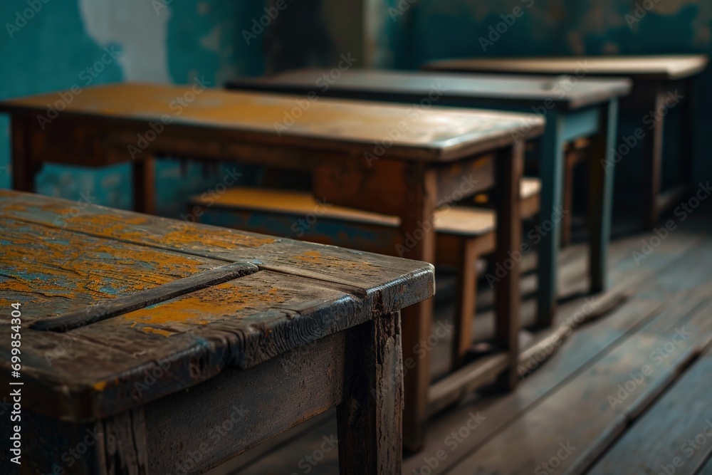 Room of an old school with empty wooden desks, learning and teaching concept. Generative AI Room of an old school with empty wooden desks, learning and teaching concept. Generative AI
