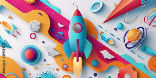 Blue background with cartoon style rocket, business and development concept, digital illustration. Generative AI