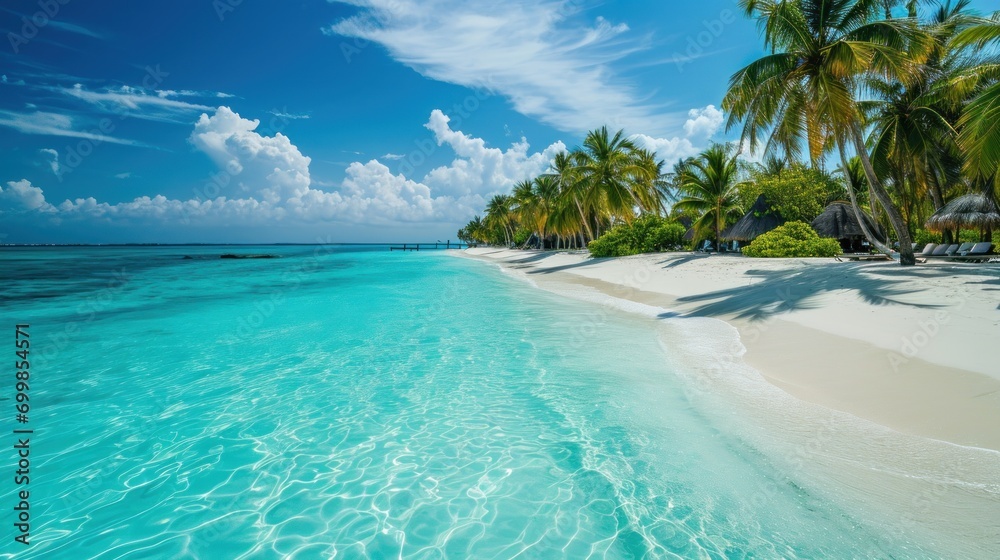 Naklejka premium Exotic beach resort with palm trees, white sand, and turquoise water.