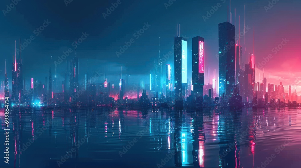 Futuristic city skyline with holograms and high-tech skyscrapers.