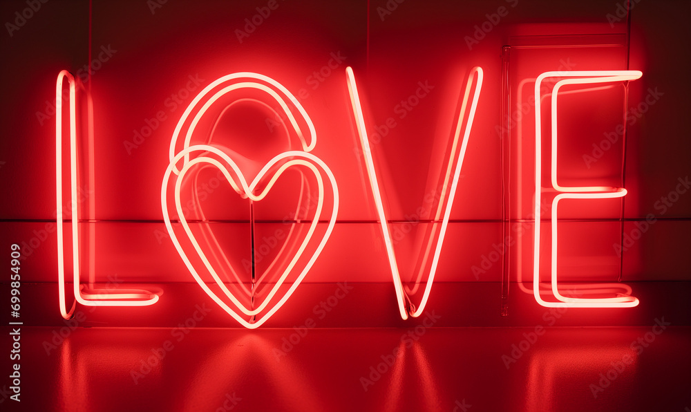 valentine's day concept, Neon Sign of Love in Red - Illuminated Heart and Letters on Dark Background