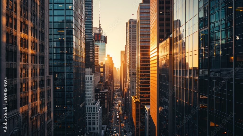 High-rise buildings in a modern city skyline at twilight High-rise buildings in a modern city skyline at twilight