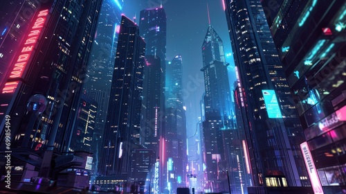 High-tech futuristic cityscape at night with neon lights and skyscrapers