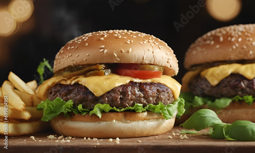A mouthwatering journey into the world of culinary delight scene featuring a delicious and realistic burger. Food Photography, Tempting, Realistic, Appetizing