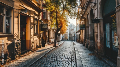 Historical city street with classic architecture and cobblestone path