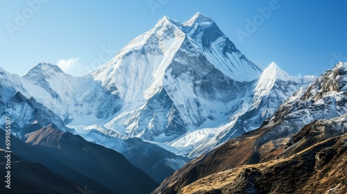 Majestic mountain range with snow-capped peaks and clear blue sky