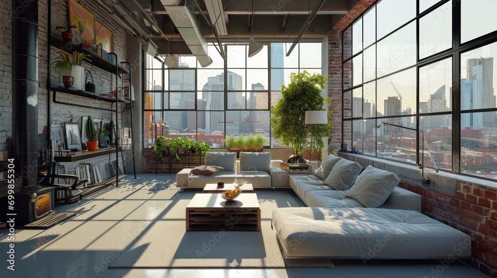 Modern urban loft with industrial design and city skyline view
