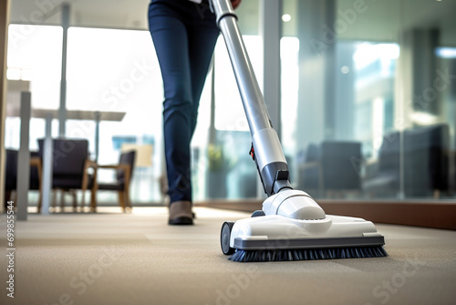 Close up of person vacuuming an office carpet floor. Unrecognizable person, low angle view photo