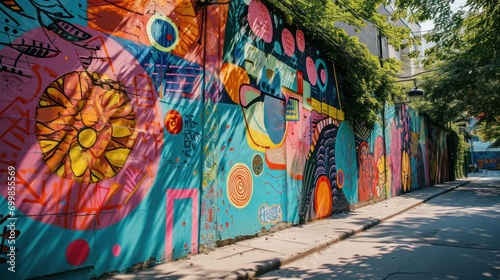 Vibrant street art mural, graffiti, urban expression, creative public space.