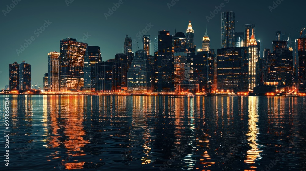 Nighttime city skyline with illuminated buildings and reflections in water