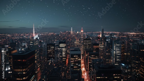 Nighttime cityscape with a starry sky and glowing city lights.