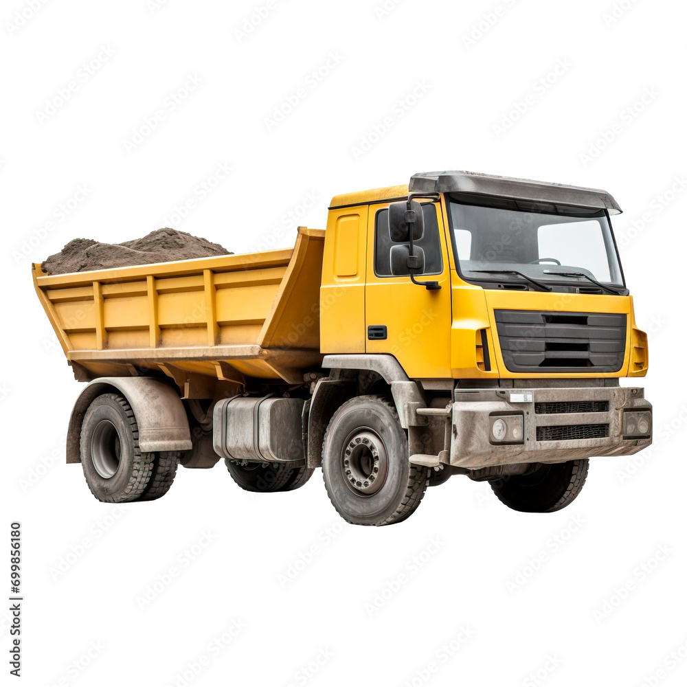 Dump truck full of sand side view over isolated transparent background