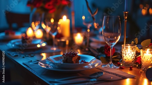 Romantic dinner setting with candlelight photo