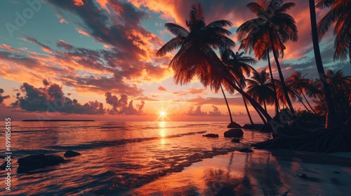 Romantic sunset on a tropical beach with palm trees