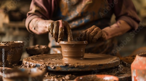 Traditional pottery workshop with artisan shaping clay on a wheel