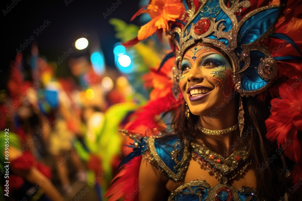 Latin woman, samber dancer dancing on the streets during carnival