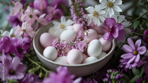 A bowl filled with lots of white and pink eggs surrounded by pink and purple flowers on top of a bed of purple and white flowers