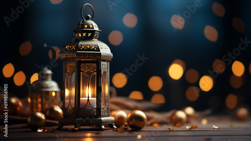 Ramadan Muslims of fasting, Islamic values, candle, lamp, food moon, prayer, reflection and community. spiritual growth, Eid al Fitr, self purification. banner copy space poster greeting card. photo