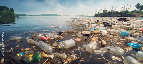 pollution is a lake full of plastic and other garbage that floats on the edges of the lake