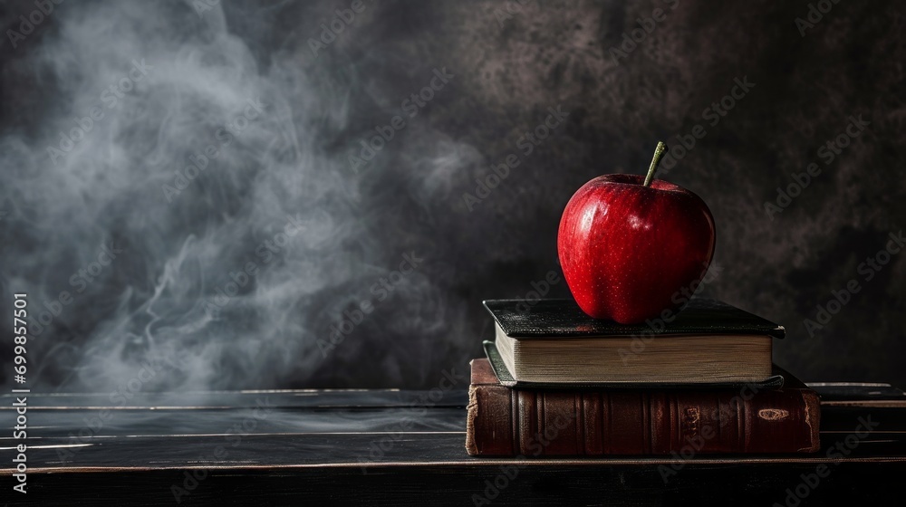 A red apple sitting on top of a stack of books on top of a black table next to a gray wall with smoke coming out of the back of it - obrazy, fototapety, plakaty 