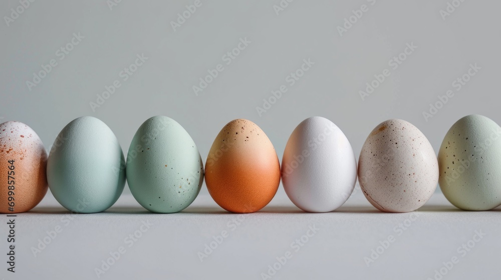 A row of eggs with different colored ones in front of them A row of eggs with different colored ones in front of them