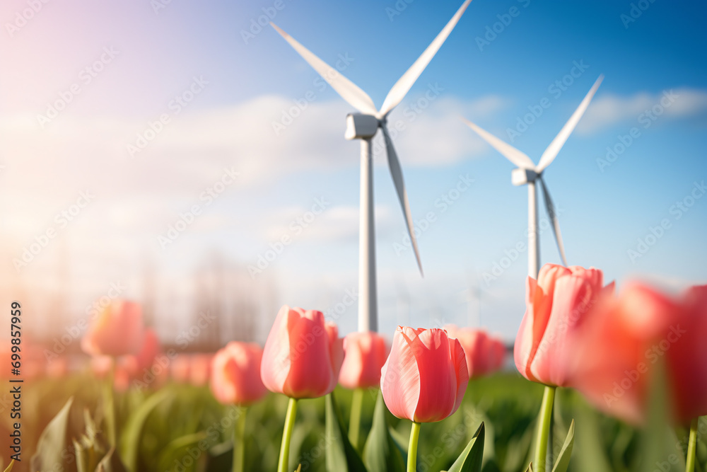 Renewable energy in spring concept with tulip flowers in foreground and wind mill turbine in background