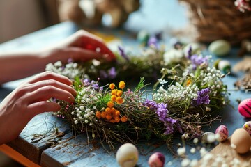 Handmade easter wreath with colored eggs and spring flowers. Creative workshop idea